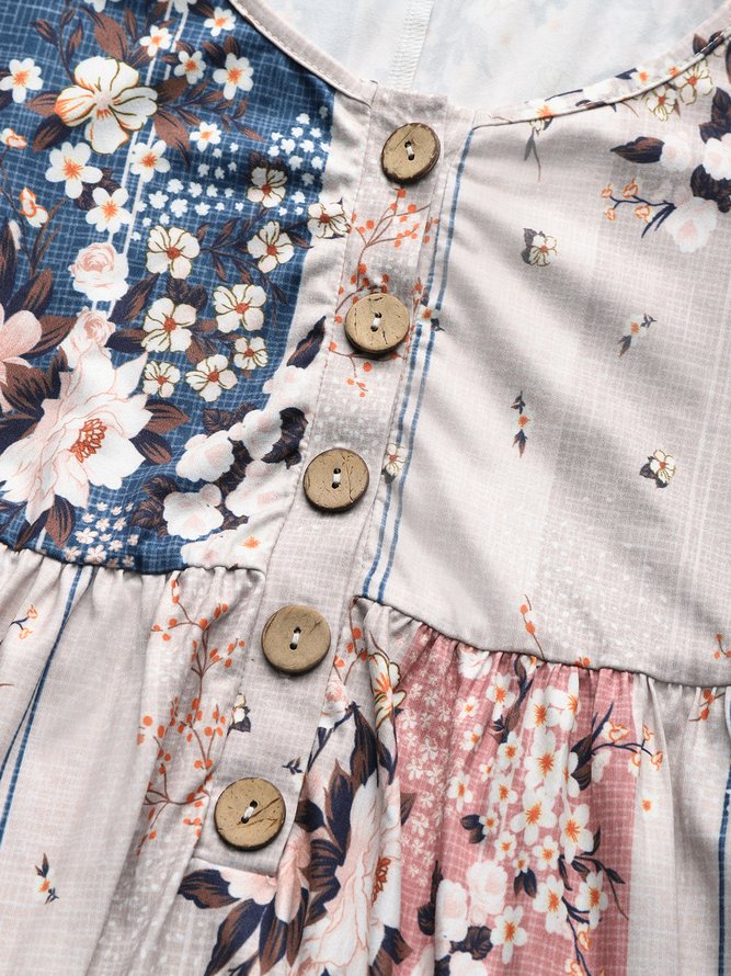 JFN Henley Neck Floral Stripe Casual Midi Dress