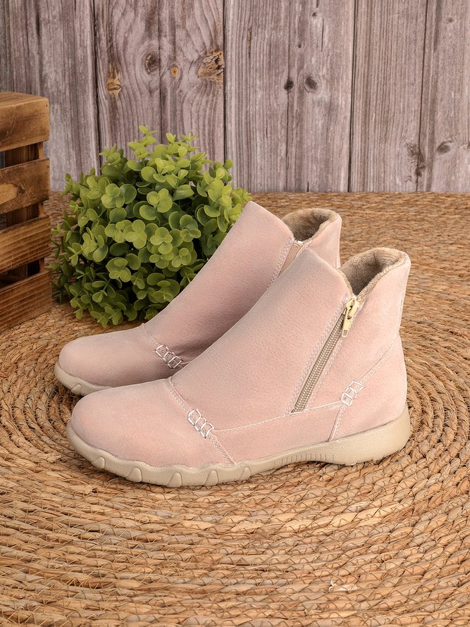 JFN Women Christmas Faux Leather Panel Zip Round Toe Fleece Soft Ankle Ankle Boots  