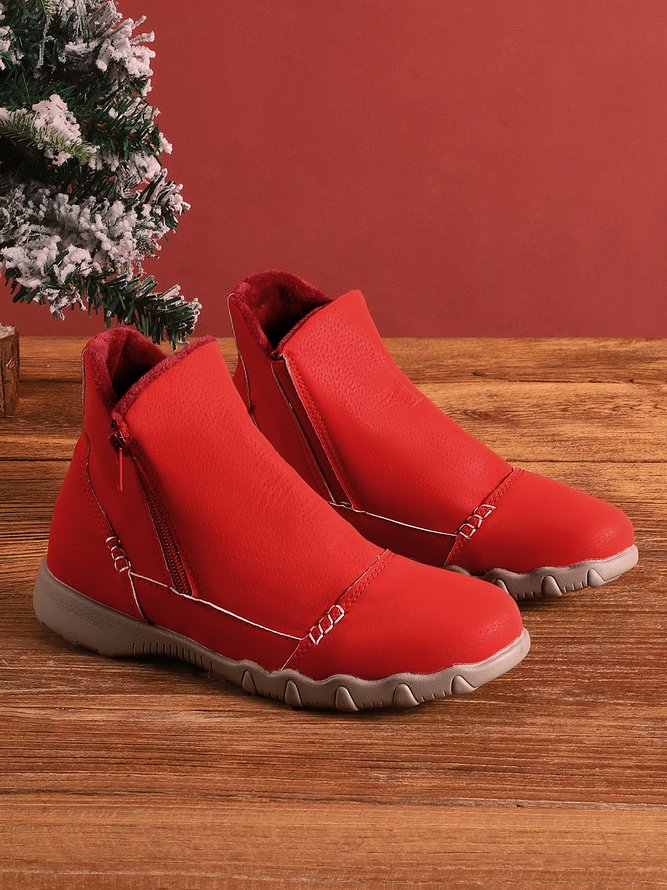 JFN Women Christmas Faux Leather Panel Zip Round Toe Fleece Soft Ankle Ankle Boots  