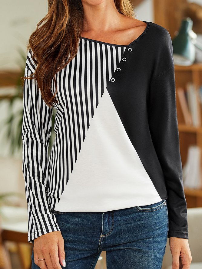 Plain color block stripe loose button top T-shirt