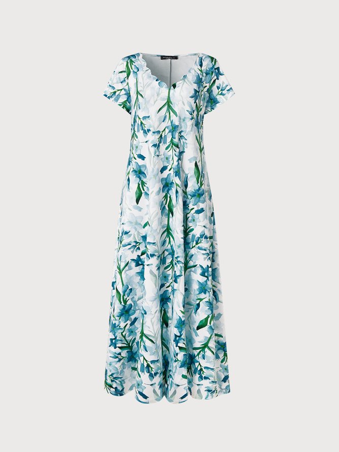JFN V Neck Floral Vacation Beach Maxi Prom Dress