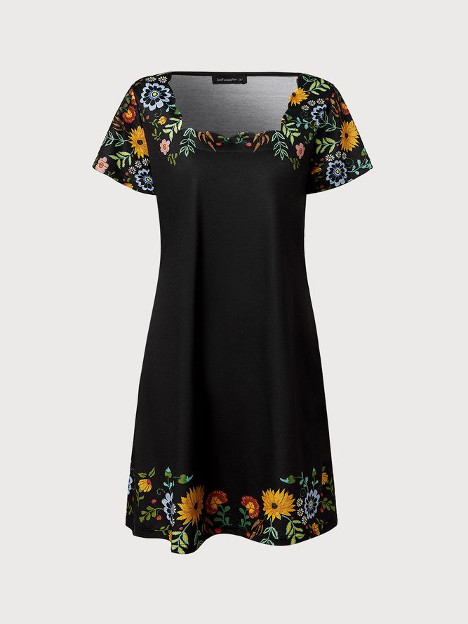 JFN Square neck Floral Elegant Casual Mini Prom Dress