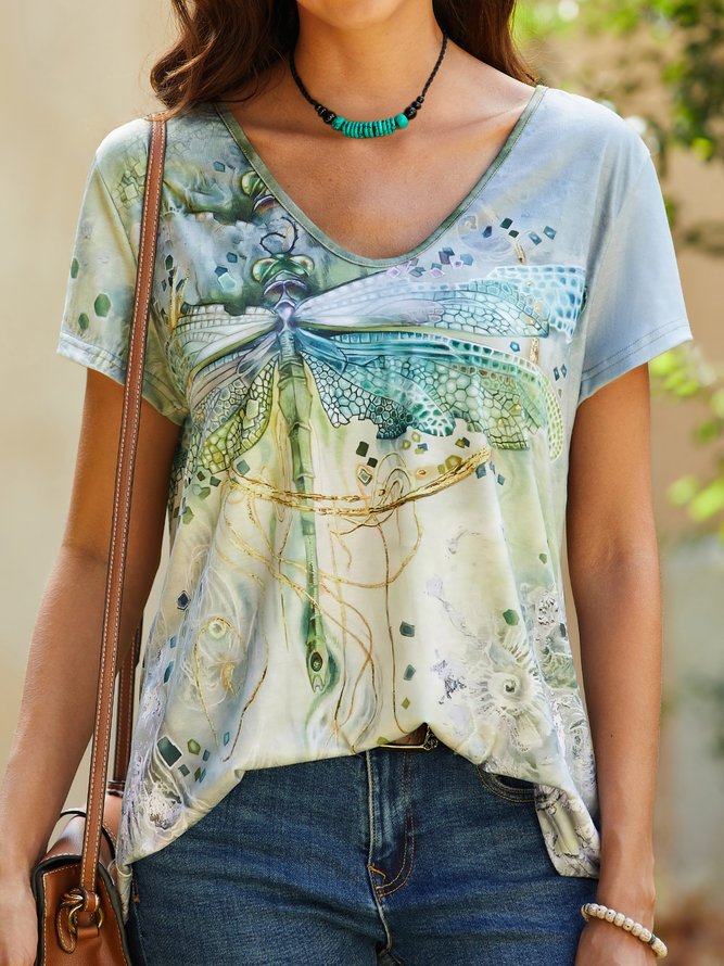 Casual Dragonfly Print Short Sleeve Loose Knit T-Shirt