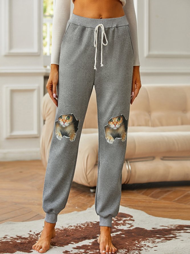 Funny Cat Fleece Elastic Waist Casual Pants