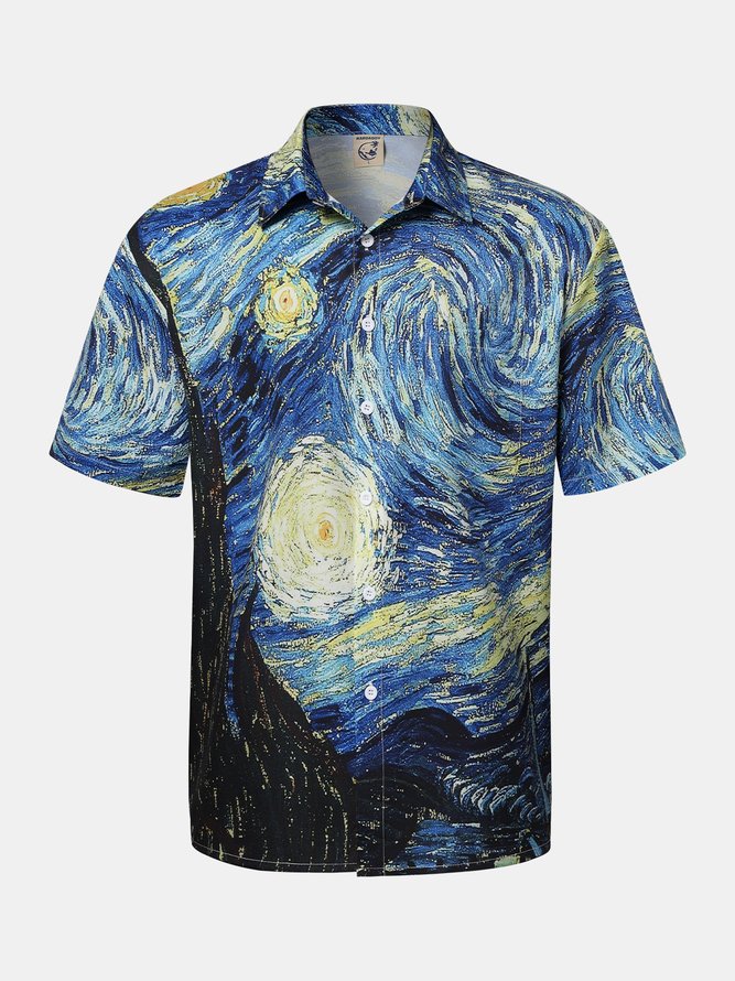 Mens Retro Van Gogh The Starry Night Lapel Loose Short Sleeve Funky Hawaiian Shirt