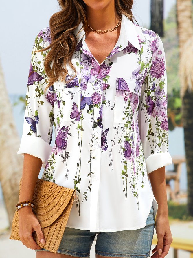 Shirt Collar Casual 3/4 Sleeve Floral Blouse