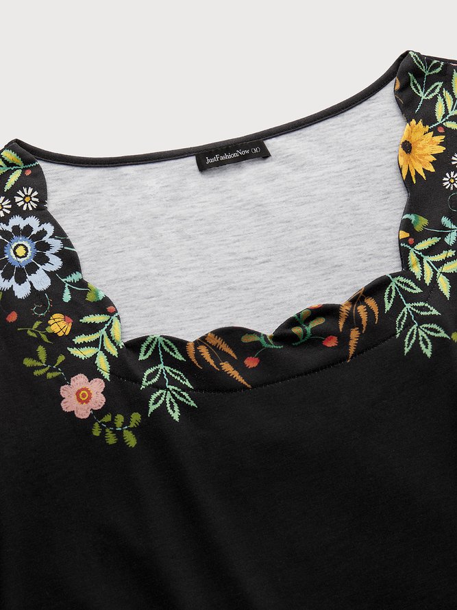 JFN Square neck Floral Elegant Casual Mini Prom Dress
