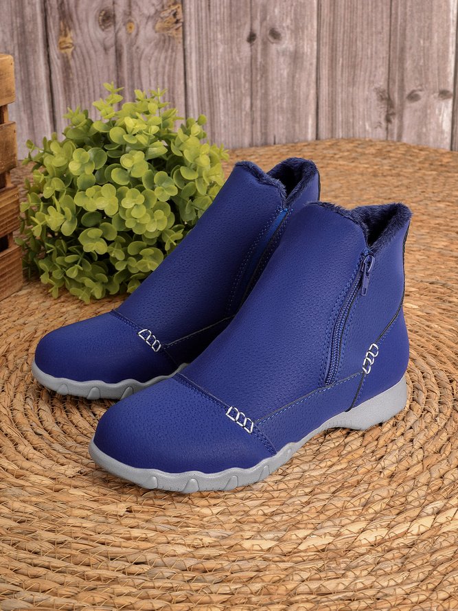 JFN Women Christmas Faux Leather Panel Zip Round Toe Fleece Soft Ankle Ankle Boots  