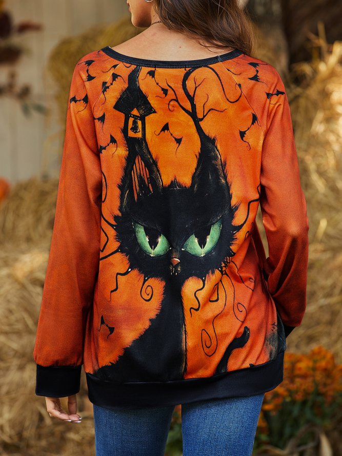 Cat Animal Crew Neck Cotton Blends Casual Sweatshirt