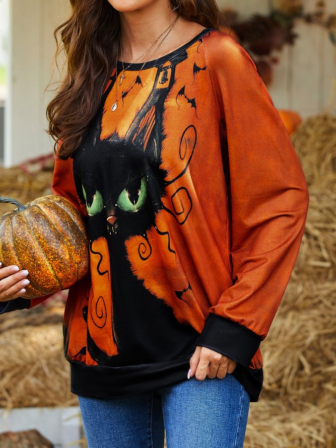 Cat Animal Crew Neck Cotton Blends Casual Sweatshirt