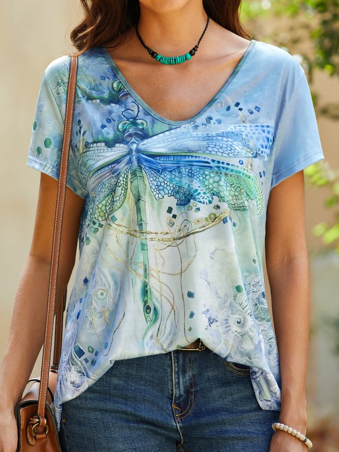 Casual Dragonfly Print Short Sleeve Loose Knit T-Shirt