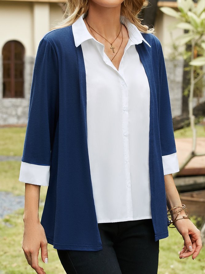 Color Block Loose Shawl Collar Buttoned T-Shirt Fake Two Piece