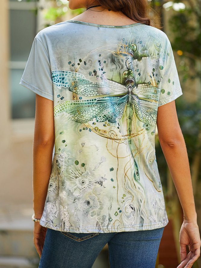 Casual Dragonfly Print Short Sleeve Loose Knit T-Shirt