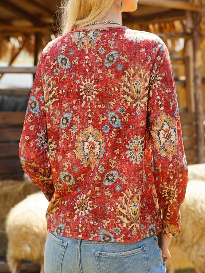 Boho V Neck Ethnic Floral T-Shirt
