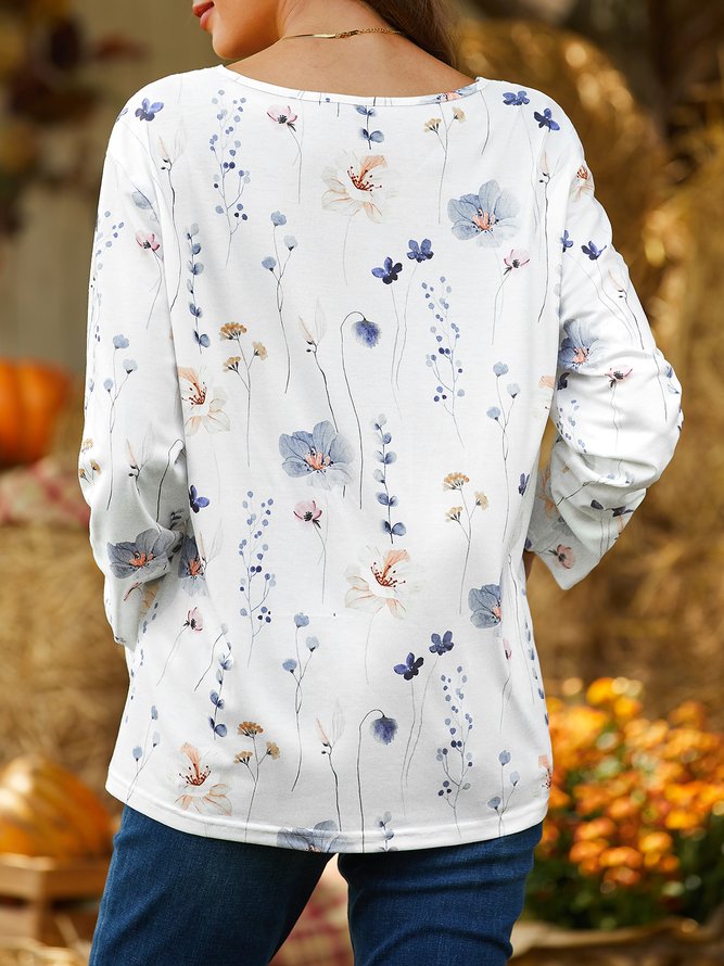 Casual Floral V Neck Regular Fit Long sleeve T-Shirt