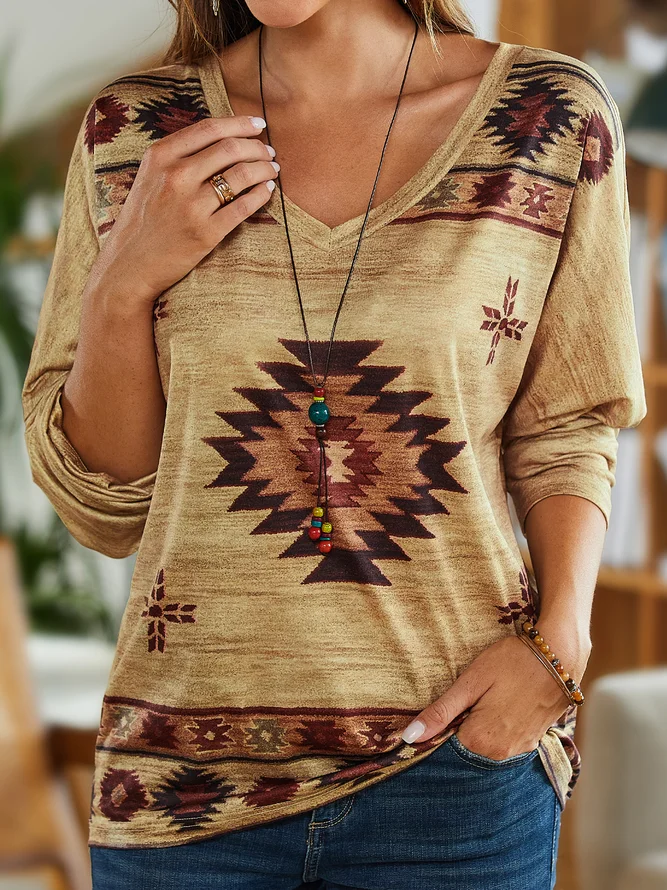 V Neck Loose Vacation Ethnic T-Shirt