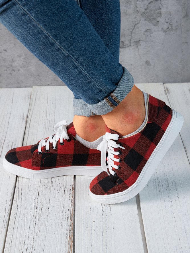 Christmas Red Plaid Black And White Plaid Leopard Casual Flat Shoes