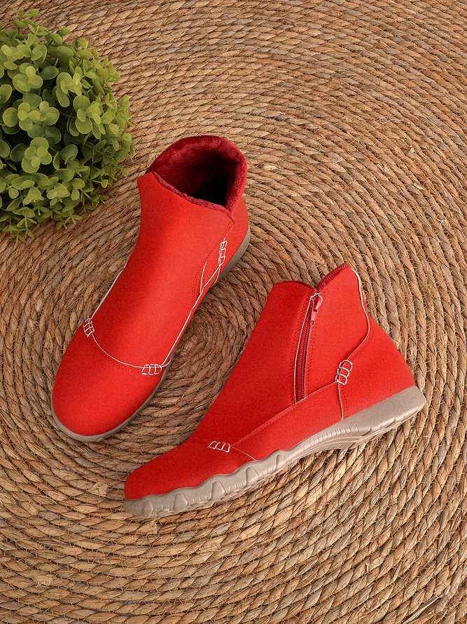 JFN Women Christmas Faux Leather Panel Zip Round Toe Fleece Soft Ankle Ankle Boots  
