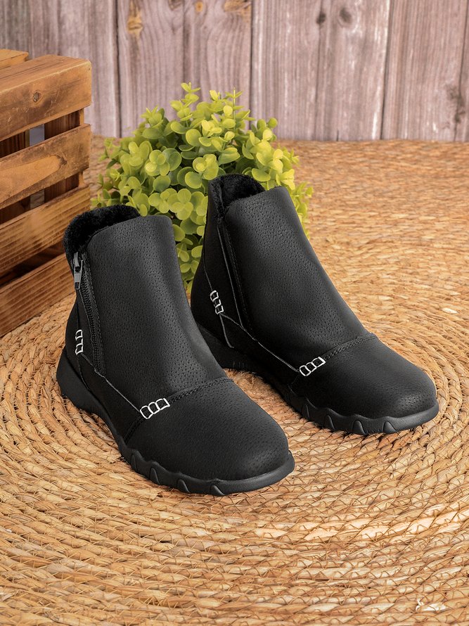 JFN Women Christmas Faux Leather Panel Zip Round Toe Fleece Soft Ankle Ankle Boots  
