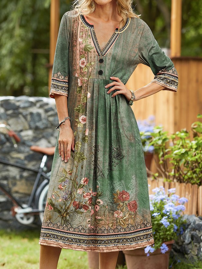 Floral  V Neck Casual Jersey Dress