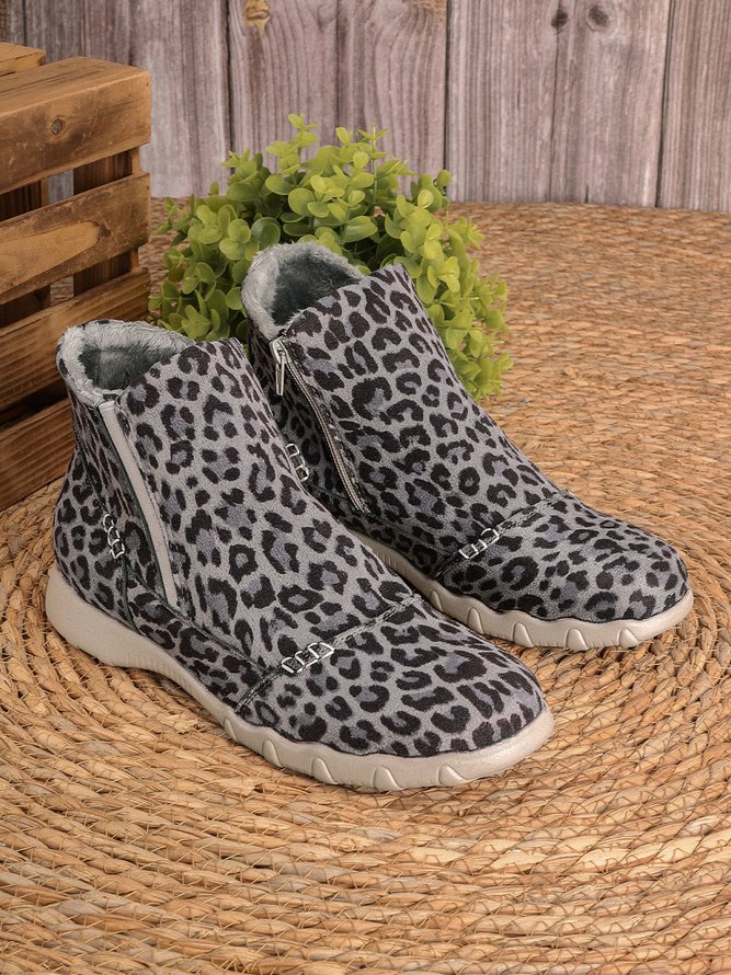 JFN Women Christmas Faux Leather Panel Zip Round Toe Fleece Soft Ankle Ankle Boots  