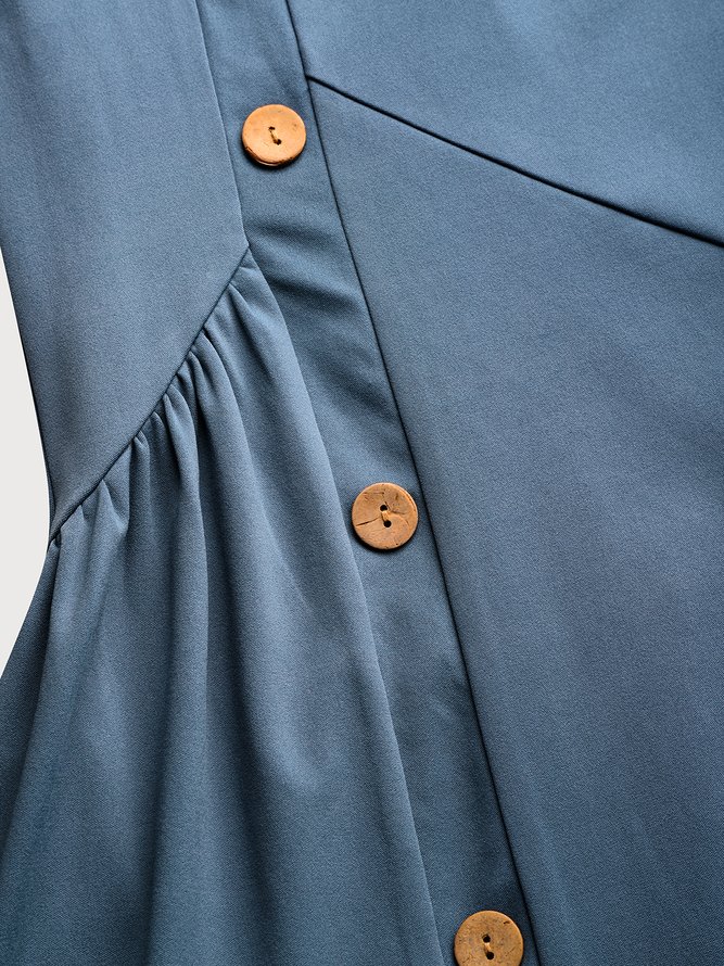 JFN Round Neck Plain Short sleeve Buttoned Casual Midi Dresses