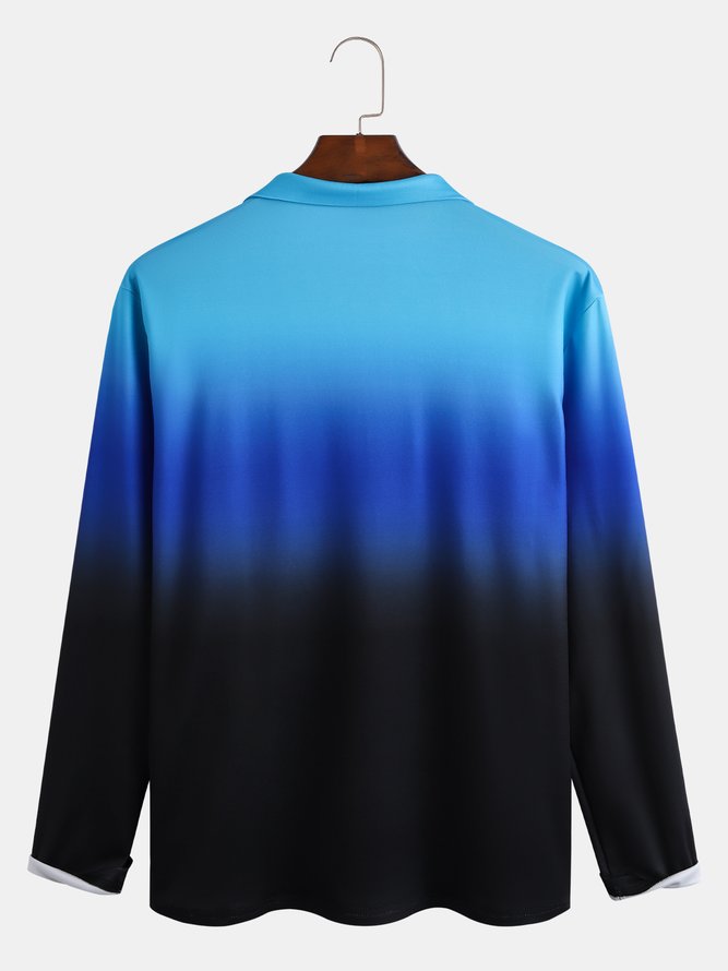 Casual Art Collection Gradient Pattern Lapel Long Sleeve Polo Print Top