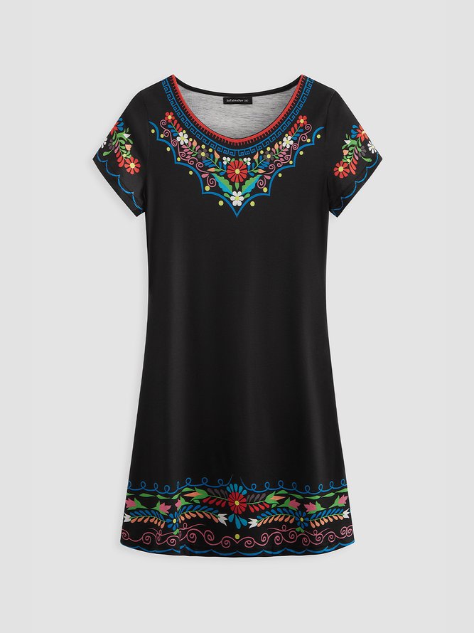 Women's Mexican Dress Midi Dress Black Half Sleeve Summer Crew Neck Tribal Casual