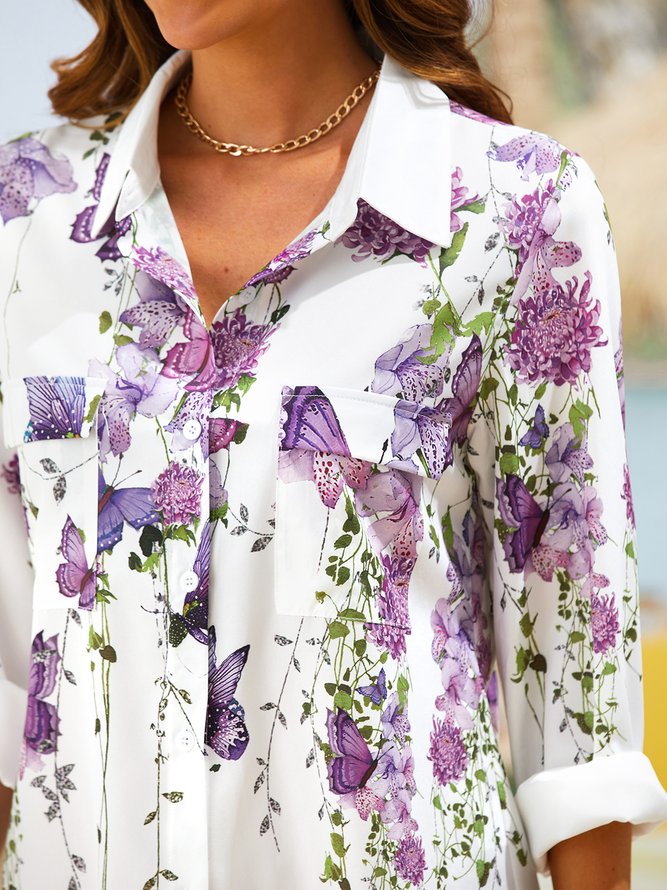 Shirt Collar Casual 3/4 Sleeve Floral Blouse