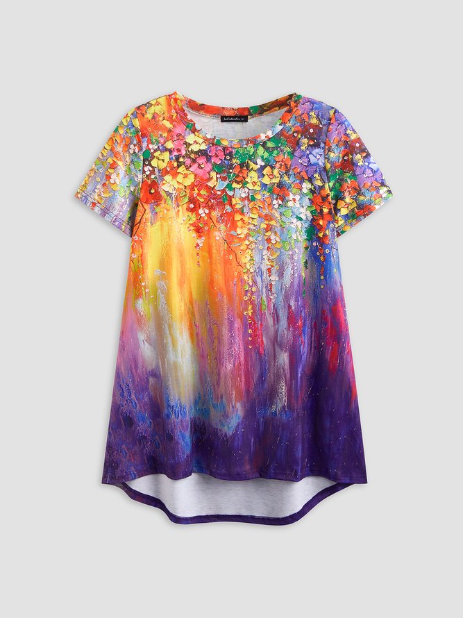 JFN Round Neck Ombre Floral Casual Tunic T-Shirt
