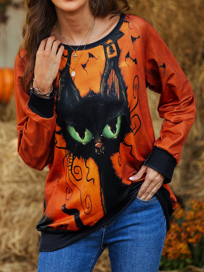 Cat Animal Crew Neck Cotton Blends Casual Sweatshirt
