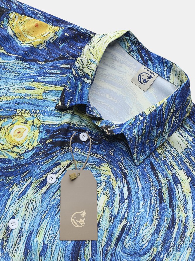 Mens Retro Van Gogh The Starry Night Lapel Loose Short Sleeve Funky Hawaiian Shirt