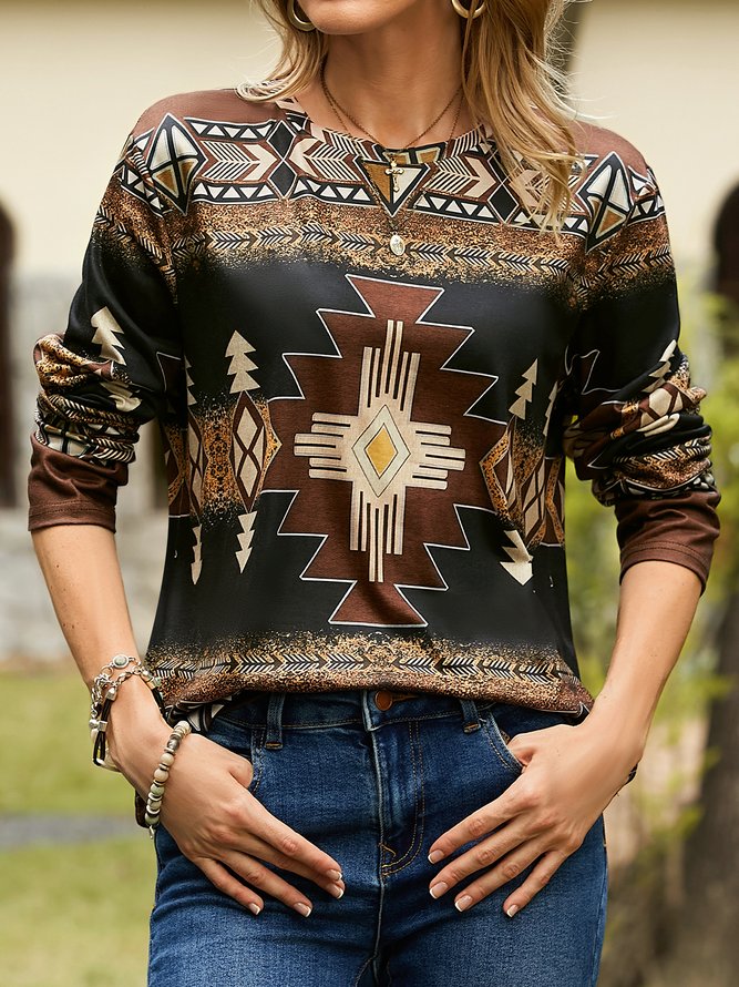 Western Ethnic Print Crew Neck Long Sleeve T-Shirt