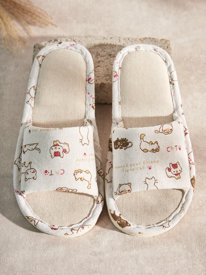 Rose Cat Alphabet Sailboat Print Indoor Non-slip Linen Slippers