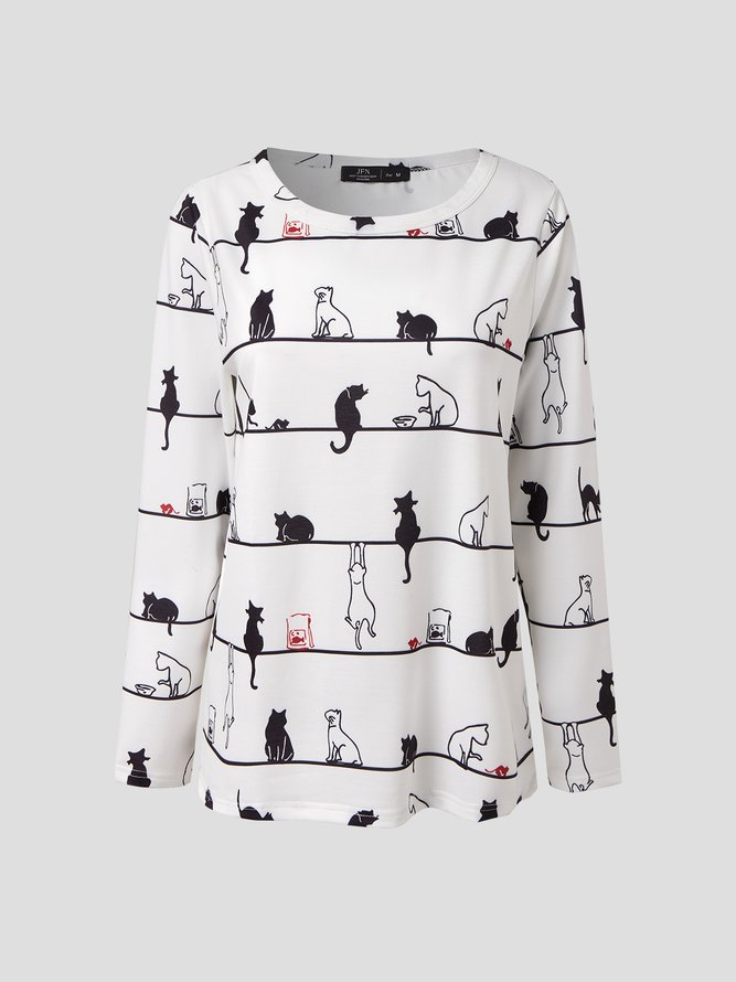 JFN Round Neck Cat Casual T-Shirt