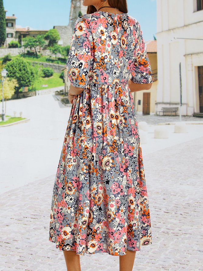 Loosen Casual Floral Short Sleeve Woven Dress