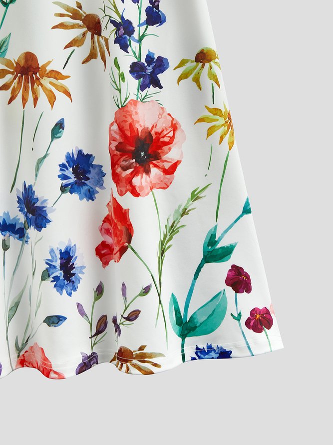 Tropical Floral Print Vacation Beach Midi Hawaiian Dress Regular Fit Round Neck Knee-length dress