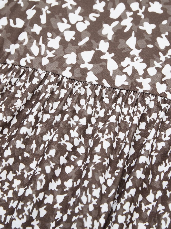 Brown Three Quarter V Neck Floral Shining Midi Smock Dress