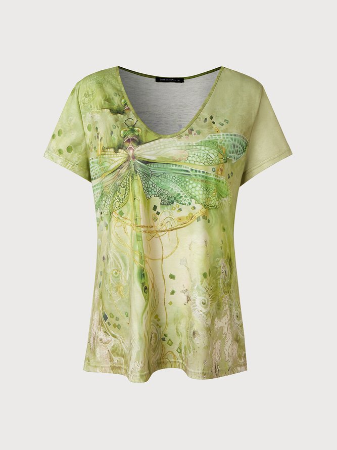 Casual Dragonfly Print Short Sleeve Loose Knit T-Shirt
