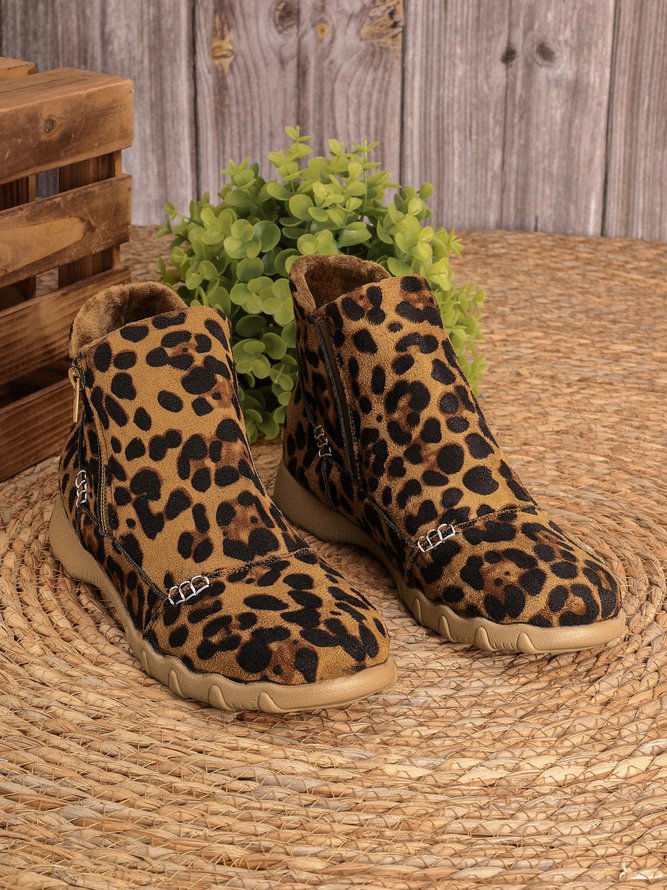 JFN Women Christmas Faux Leather Panel Zip Round Toe Fleece Soft Ankle Ankle Boots  