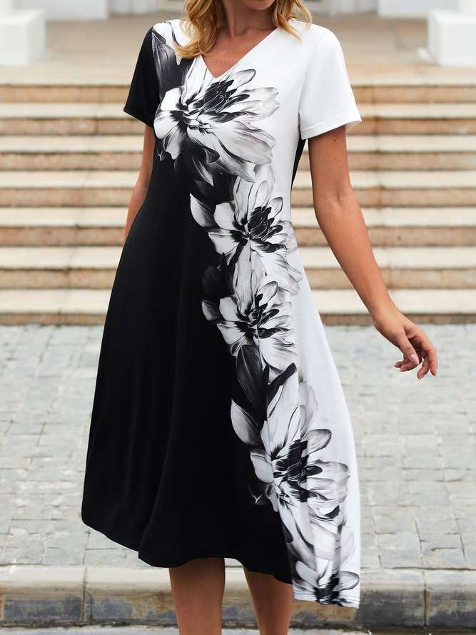 JFN V Neck Color Block Floral  Casual Midi Prom Dress