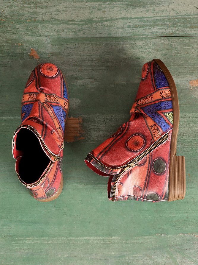 Ethnic Chunky Heel Zip Short Boots