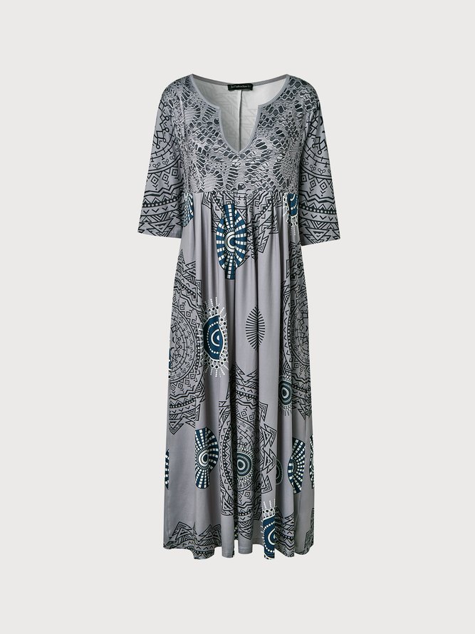JFN V Neck Loose Ethnic Midi Dress