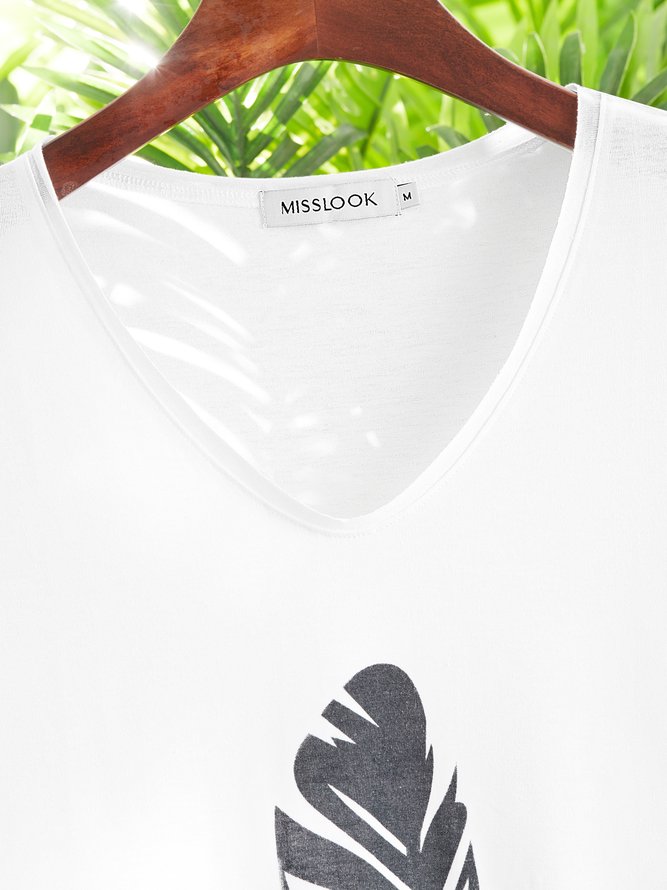 White V Neck Printed Casual Cotton-Blend T-shirt