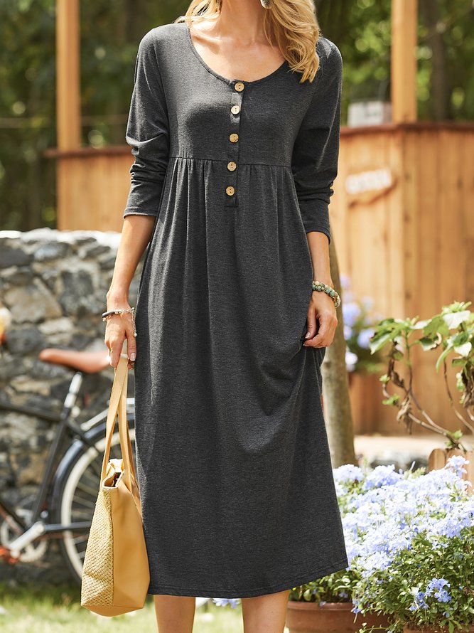 Cotton mixed plain button simple midi Dress