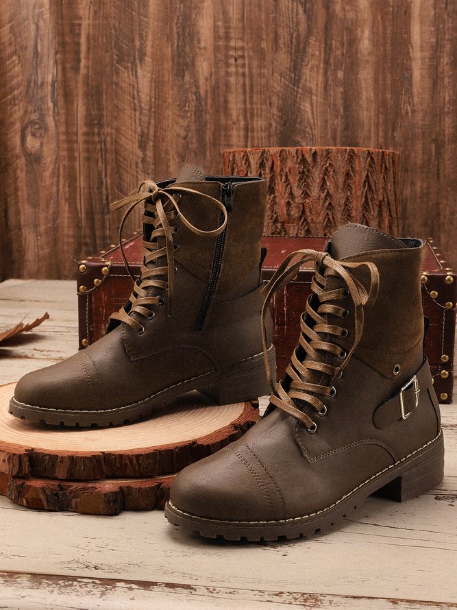Retro Stitching Lace-up Zipper Boots