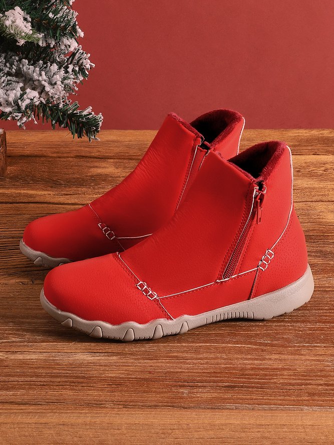 JFN Women Christmas Faux Leather Panel Zip Round Toe Fleece Soft Ankle Ankle Boots  