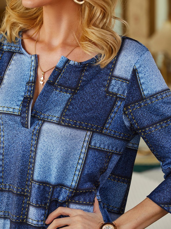 Geometric Shawl Collar Loose Casual Top