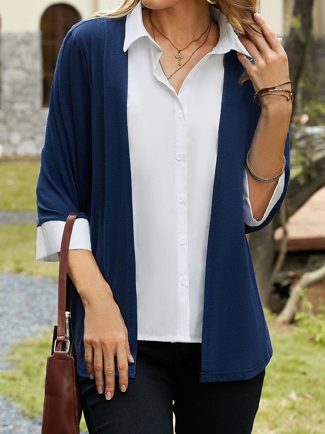 Color Block Loose Shawl Collar Buttoned T-Shirt Fake Two Piece