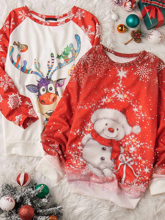 Women Christmas Santa Claus Crewneck Loose Long Sleeve Red Sweatshirts